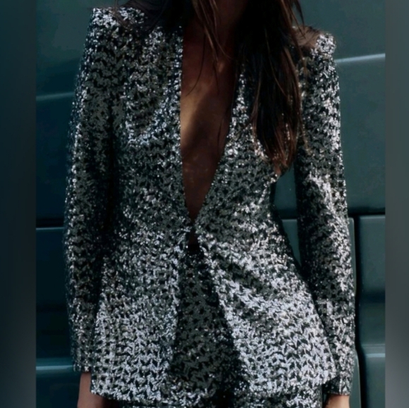 ZARA SEQUIN COLLARLESS BLAZER - Picture 1 of 14